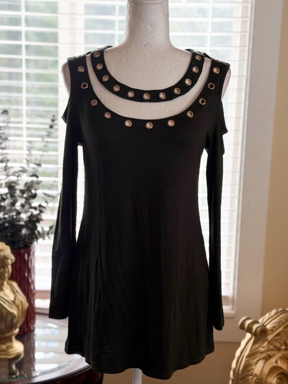 Belldini Black Cold-Shoulder Long Sleeve Tunic with Grommet Detail Top